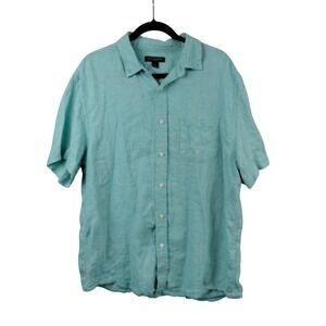 Banana Republic Mens Short Sleeve Linen Button Up Shirt Teal Blue Size L
